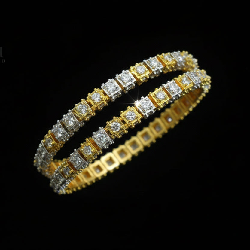 Gold and silver bracelet on a black stand with 'SAHELI' branding.