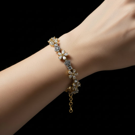 Gold and diamond bracelet on a dark background with 'SAHELI' branding.