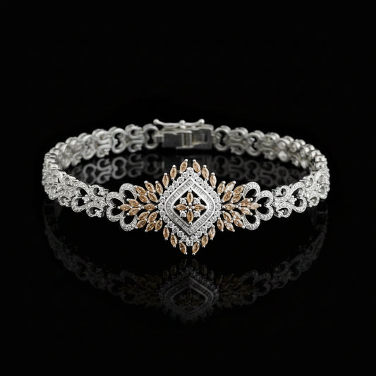 Jewelry necklace with intricate design on a dark background, featuring the brand 'Saheli'.