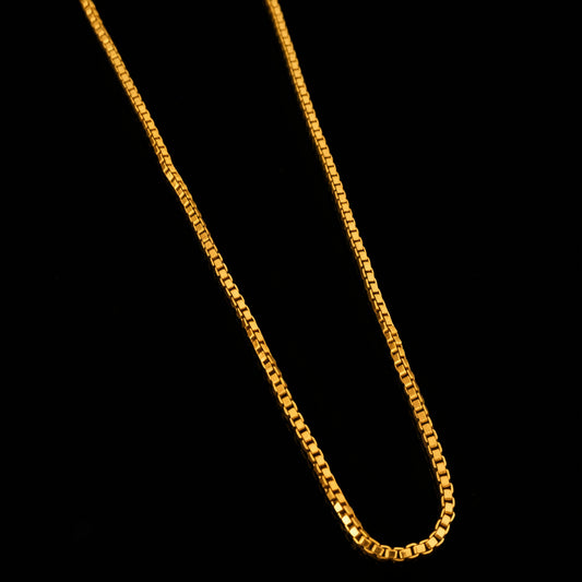Gold chain necklace on a gray background with 'SAHELI' branding.
