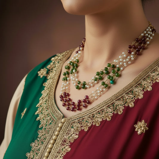 Necklace with red and green beads on a gray background, branded 'SAHELI'.