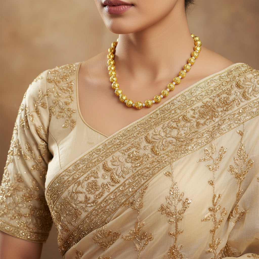 Gold necklace with white beads on a gray background, featuring the brand 'Saheli'.
