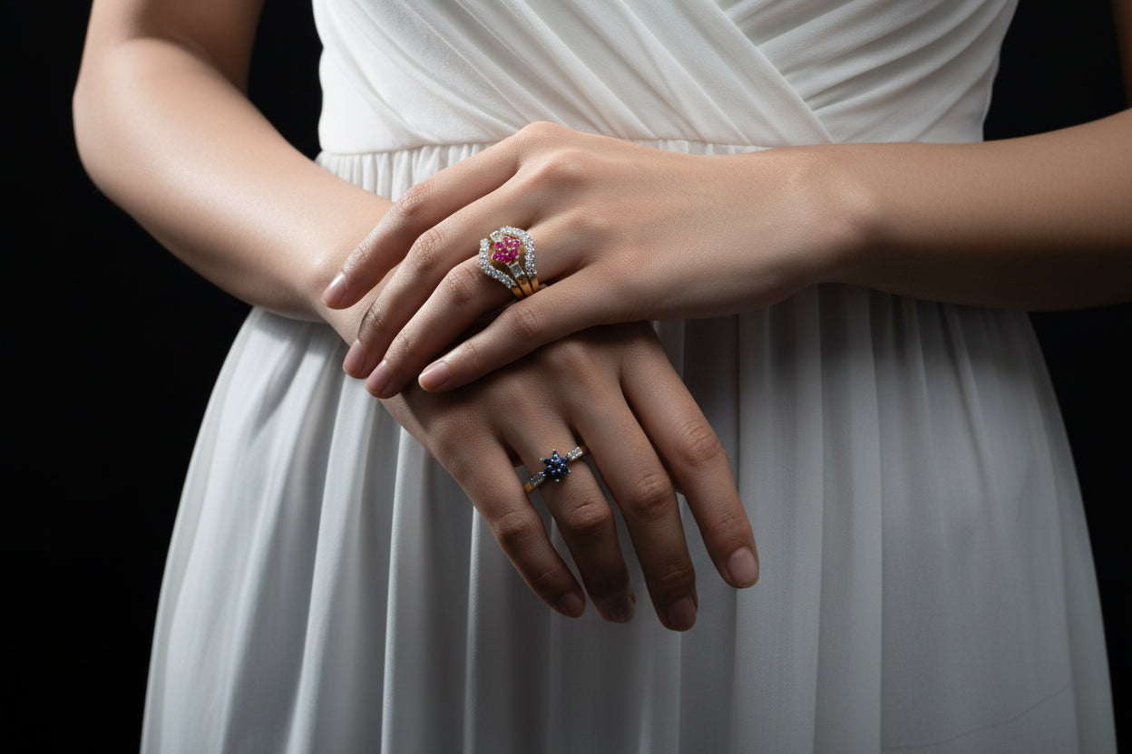 Two gold rings with gemstones on a gray background, featuring the brand 'SAHELI'.