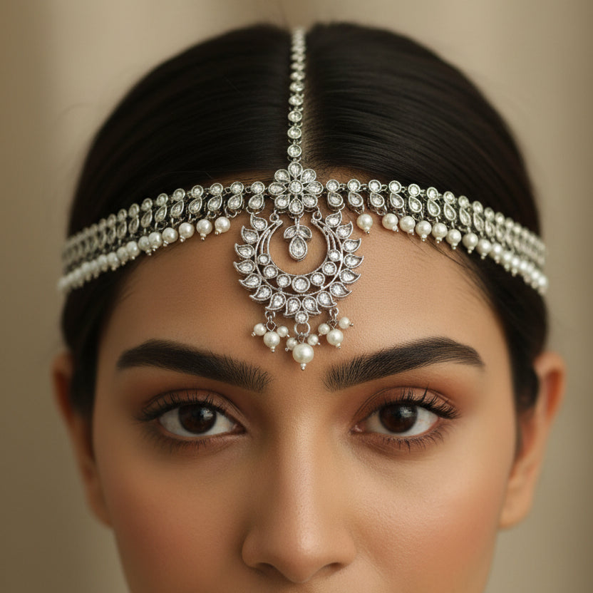 Silver necklace with intricate design on a dark background, featuring the brand 'Saheli'.