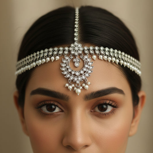 Silver necklace with intricate design on a dark background, featuring the brand 'Saheli'.