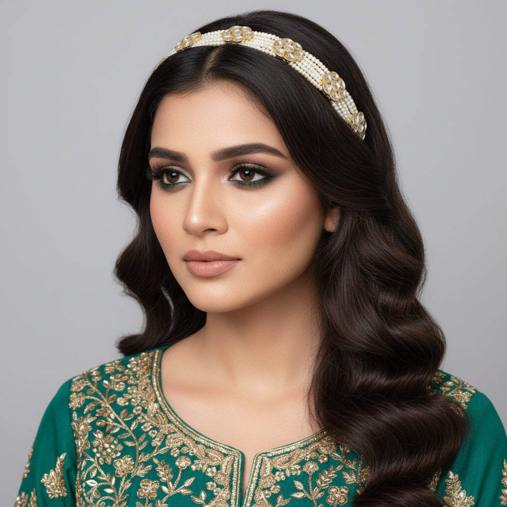 Decorative pearl necklace with intricate design on a dark background, branded 'SAHELI'.