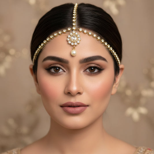 Gold necklace with a pendant on a gray background, featuring the brand 'Saheli'.