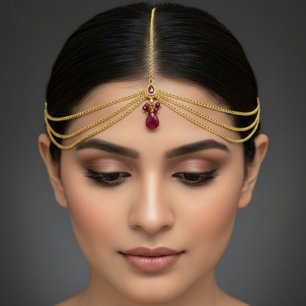 Gold necklace with red gemstones on a dark background, featuring the brand 'SAHELI'.