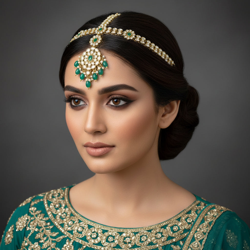 Ornate gold and green jewelry set on a dark background with 'Sahelli' branding.
