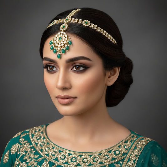Ornate gold and green jewelry set on a dark background with 'Sahelli' branding.