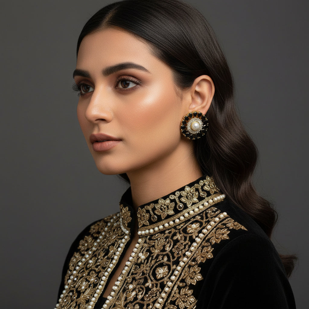 Pair of earrings with black and gold design on a gray background, branded 'SAHELI'.