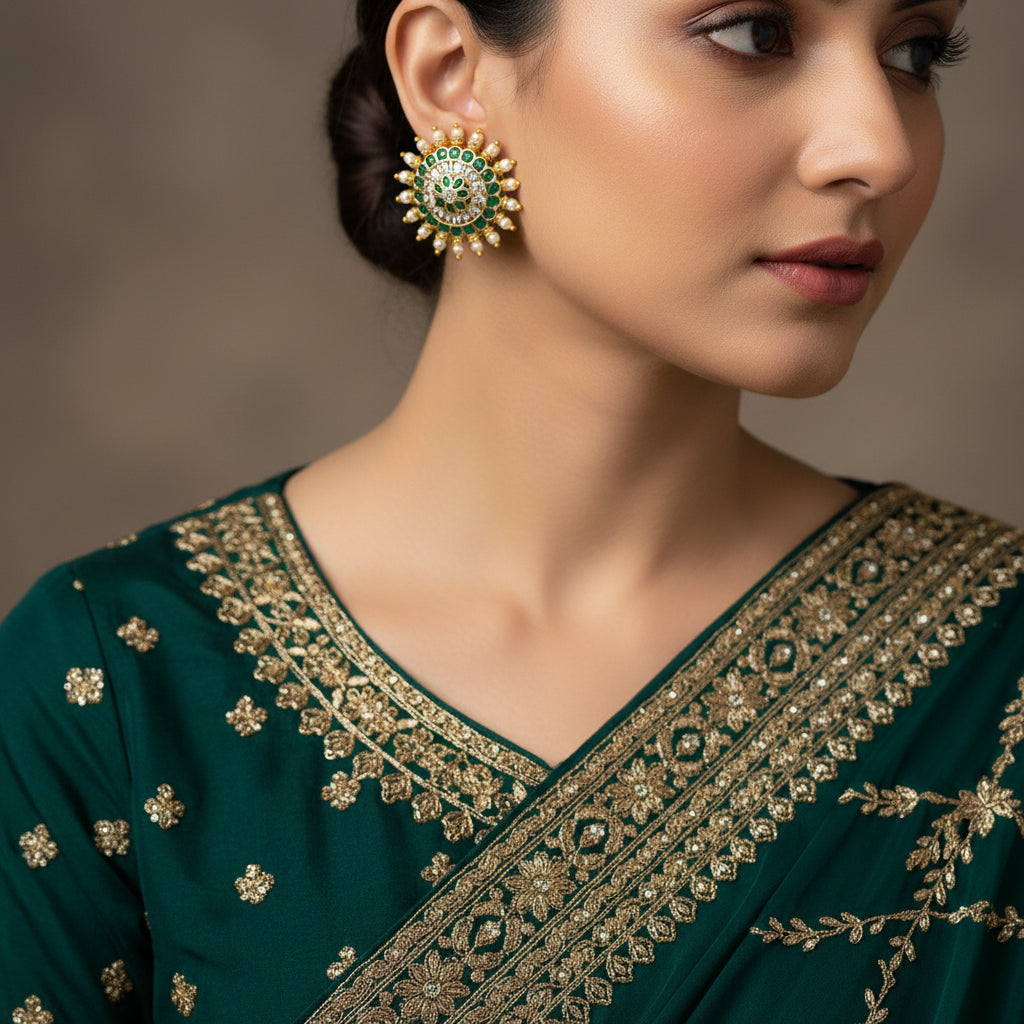 Ornate earrings with green and gold design on a black background, featuring the brand 'Saheli'.
