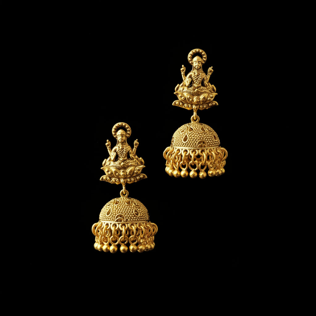 A pair of gold-toned Indian jhumka earrings displayed on a black Y-shaped jewelry stand. The earrings feature a detailed deity motif at the top and a dangling bell-shaped jhumka with intricate filigree and beadwork.