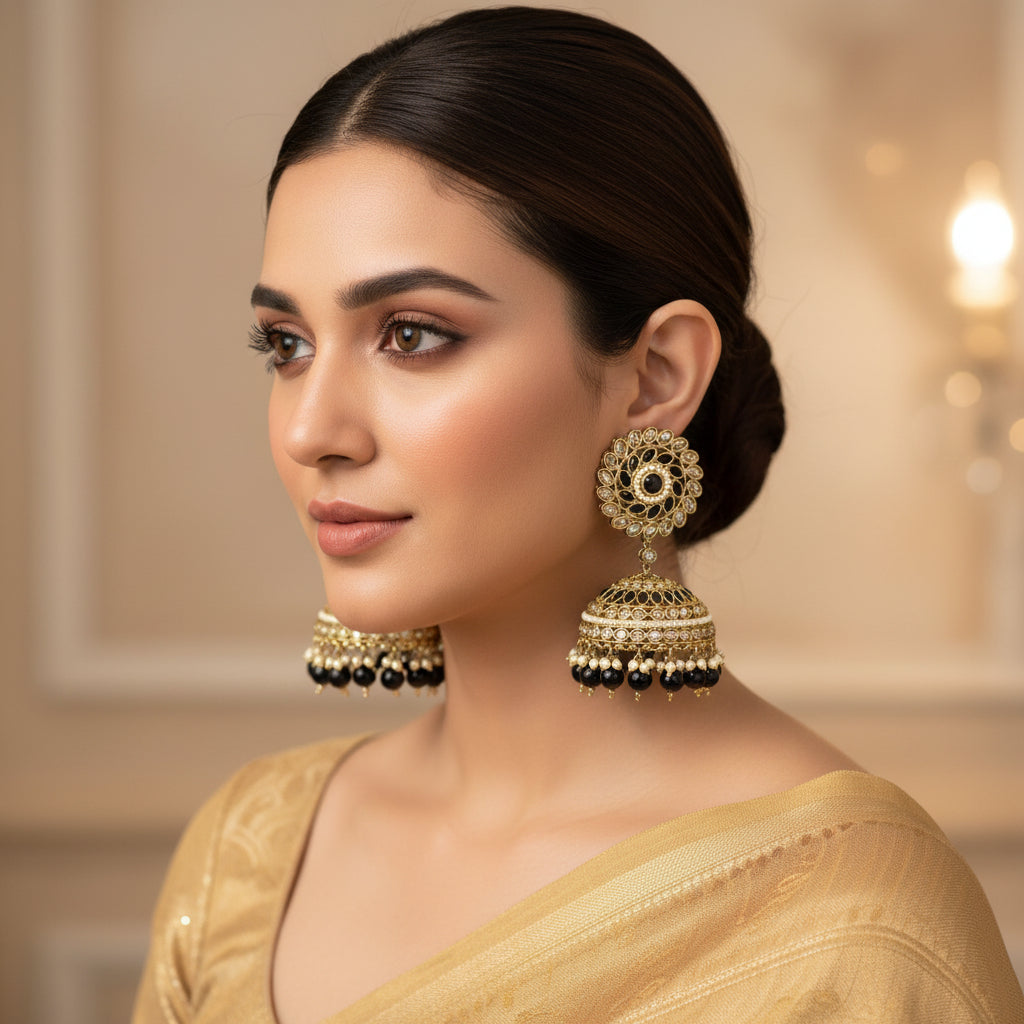 Ornate gold, black, and pearl earrings on a black stand against a black background