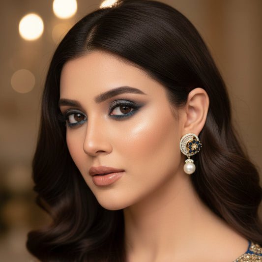 Pair of earrings with blue gemstones and pearls on a dark background, branded 'Saheili'.