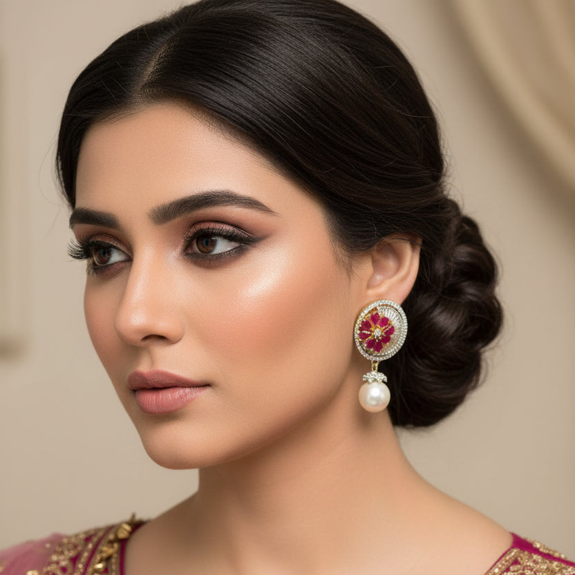 Pair of earrings with pink gemstones and pearls on a black background, featuring the brand 'Saheli'.
