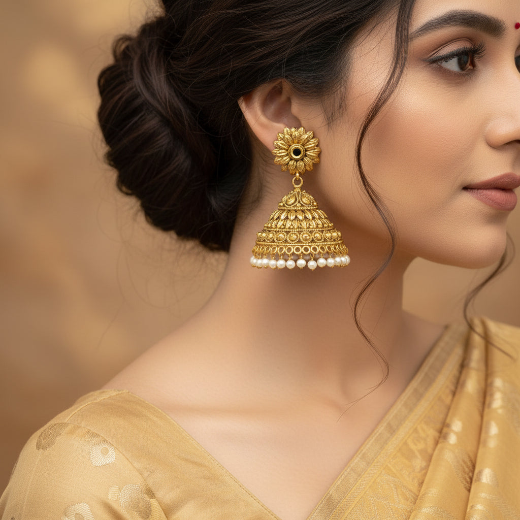 Gold jhumka earrings with pearl details on a gray stand, branded 'Saheli'.