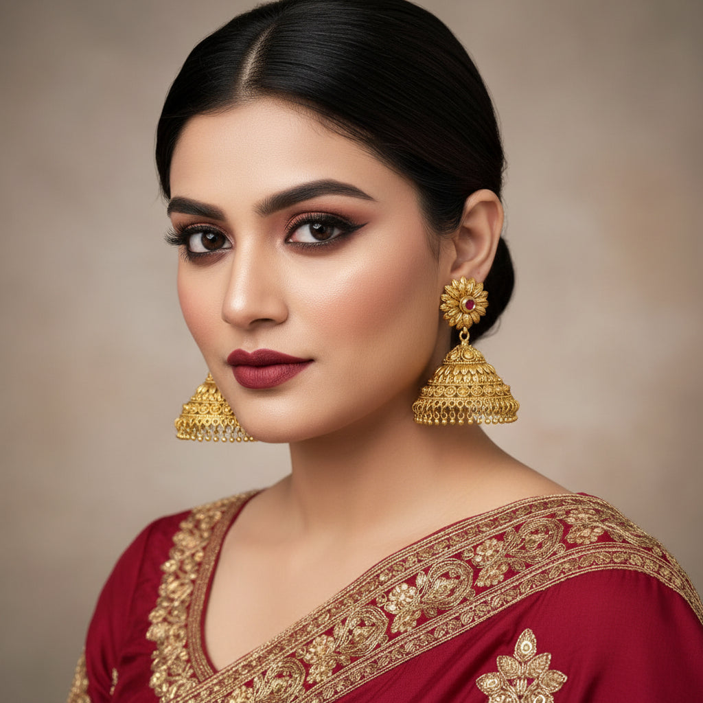 Gold jhumka earrings with red gemstones on a gray background, branded 'Saheeli'.
