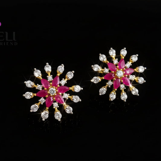 Pair of pink and crystal earrings on a gray background with 'SAHELL' branding.