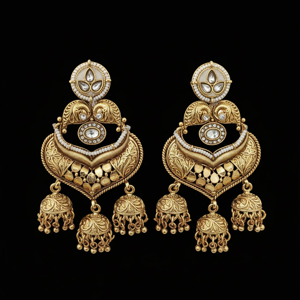 Pair of gold earrings with intricate designs on a black and white background