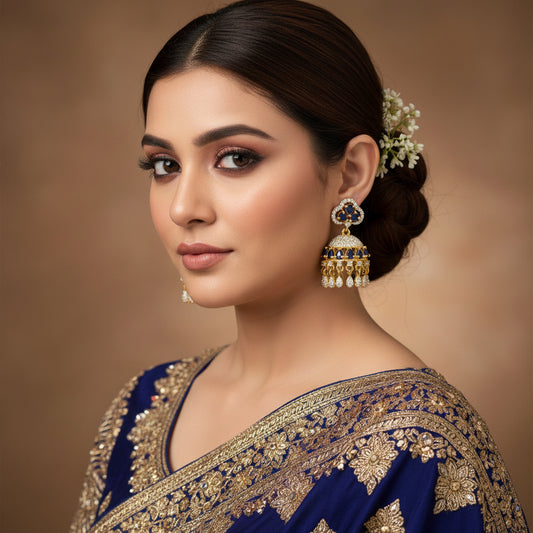Gold and diamond earrings on a black stand with 'Saheli' branding.