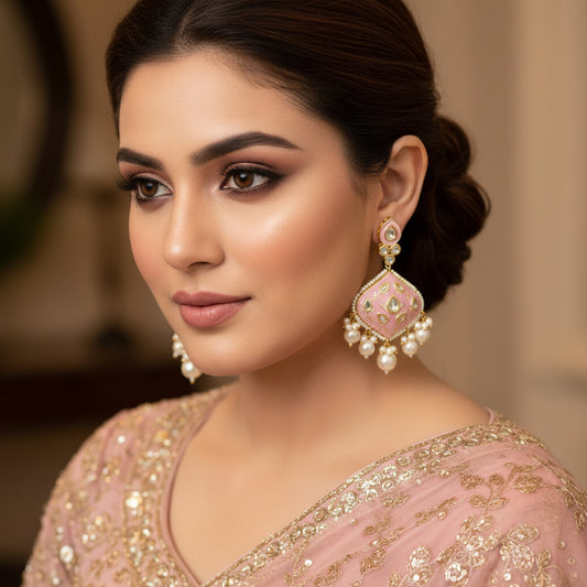 Pink and gold earrings with pearl accents on a dark background, featuring the brand 'Saheli'.