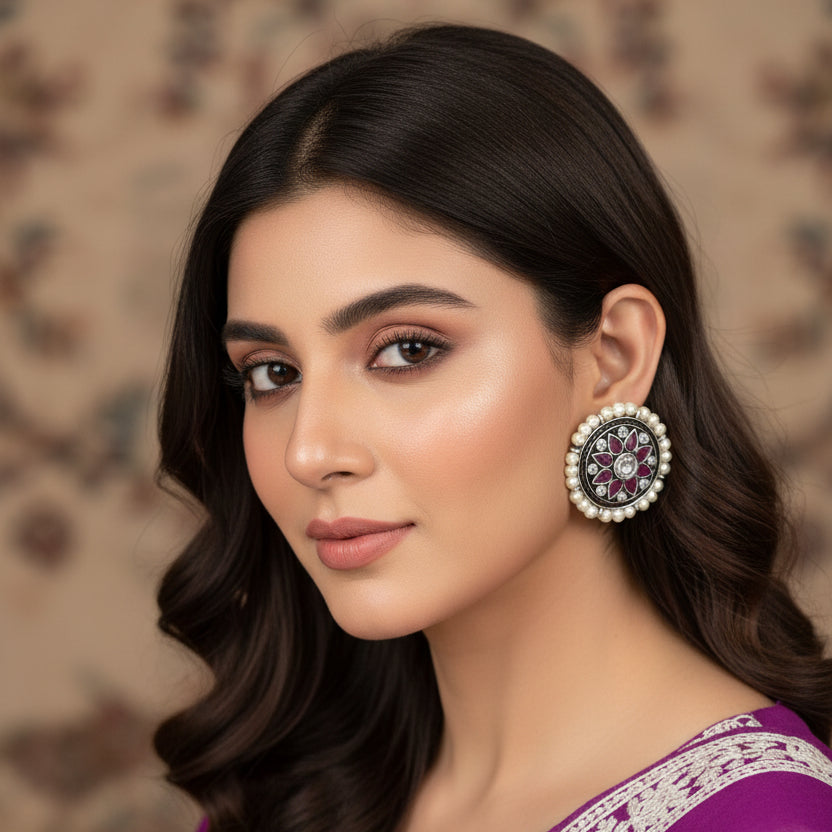 Pair of round earrings with floral design and pearl accents on a dark background