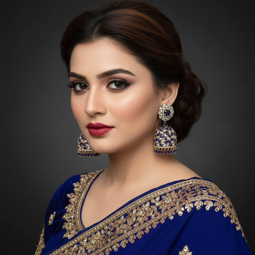 Pair of ornate earrings with gemstones on a black background, branded 'Saheli'.