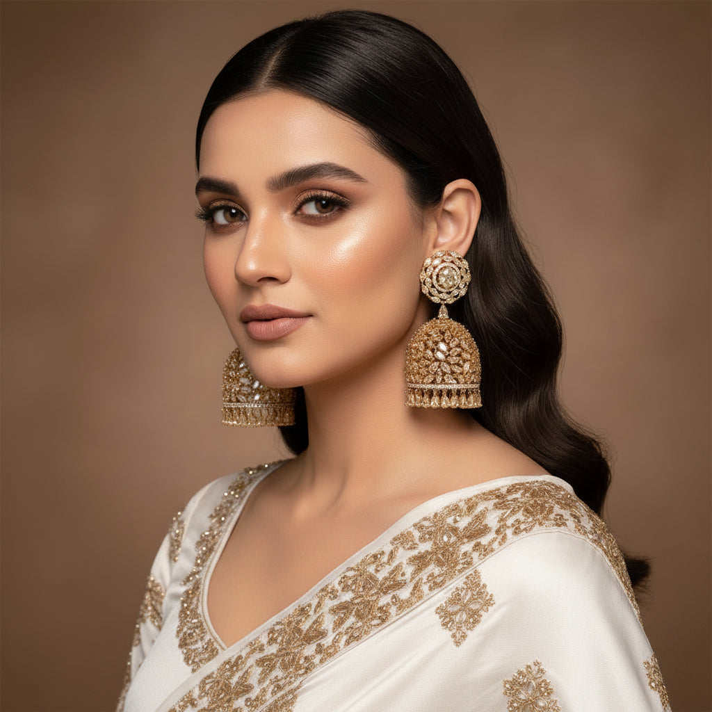 Gold earrings with intricate designs on a black background, featuring the brand 'Saheli'.
