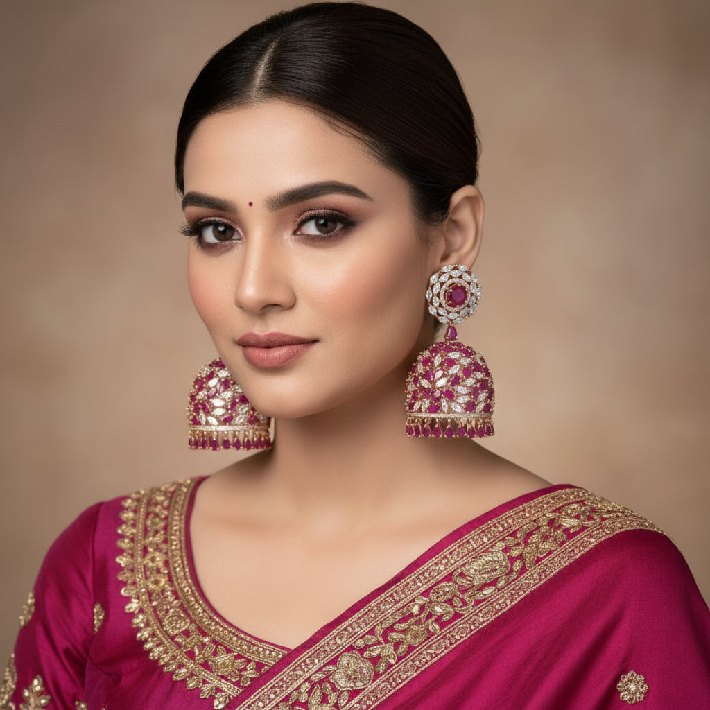 Ornate earrings with red gemstones on a dark background