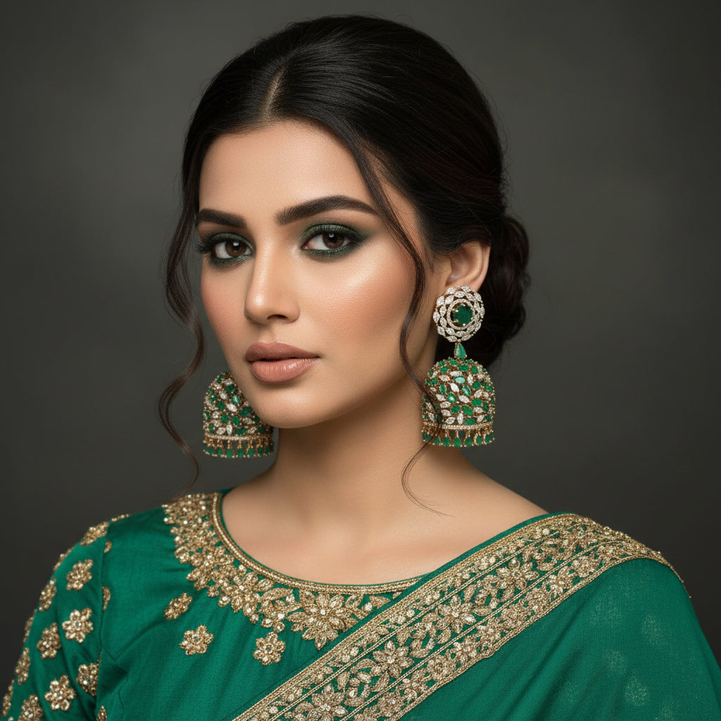 Pair of emerald and diamond earrings on a black stand with 'Saheli' branding.