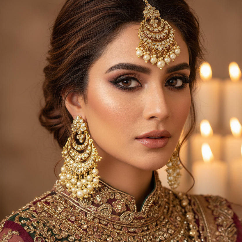 Gold and pearl earrings on a dark background with 'Saheli' branding.