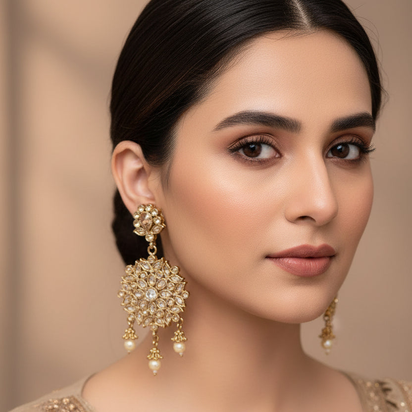 Gold and pearl earrings on a dark gray background with 'SAHELI' branding.