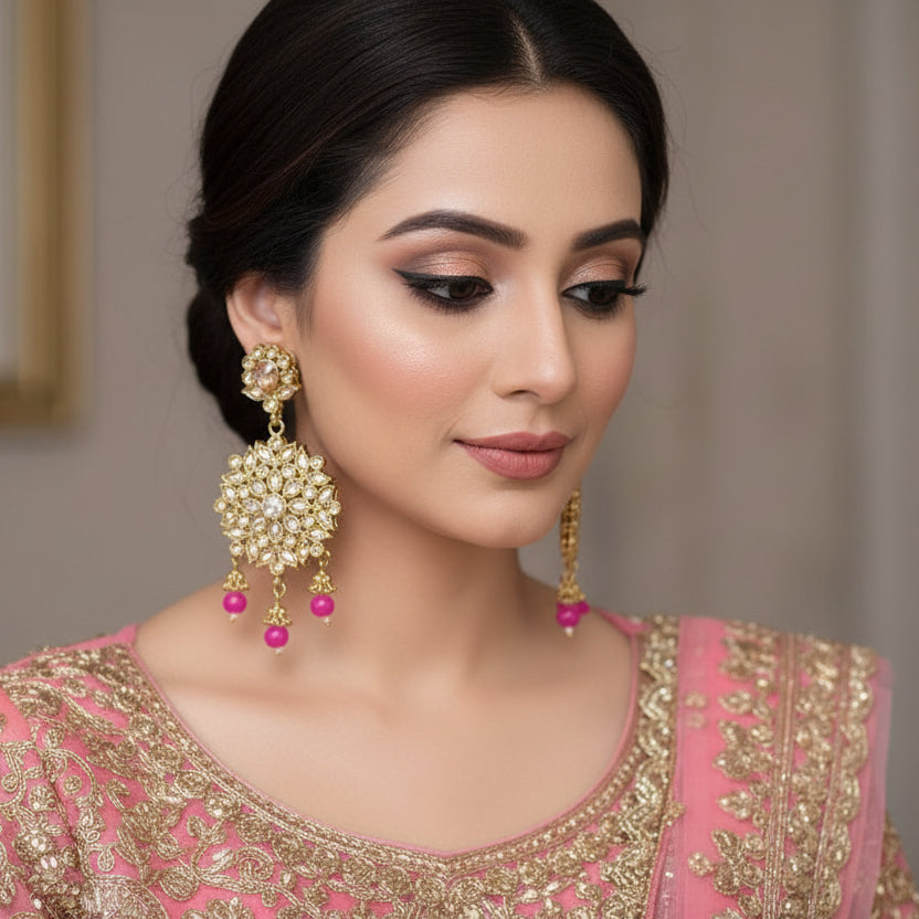Gold and pink earrings on a gray stand with 'Saheli' branding.