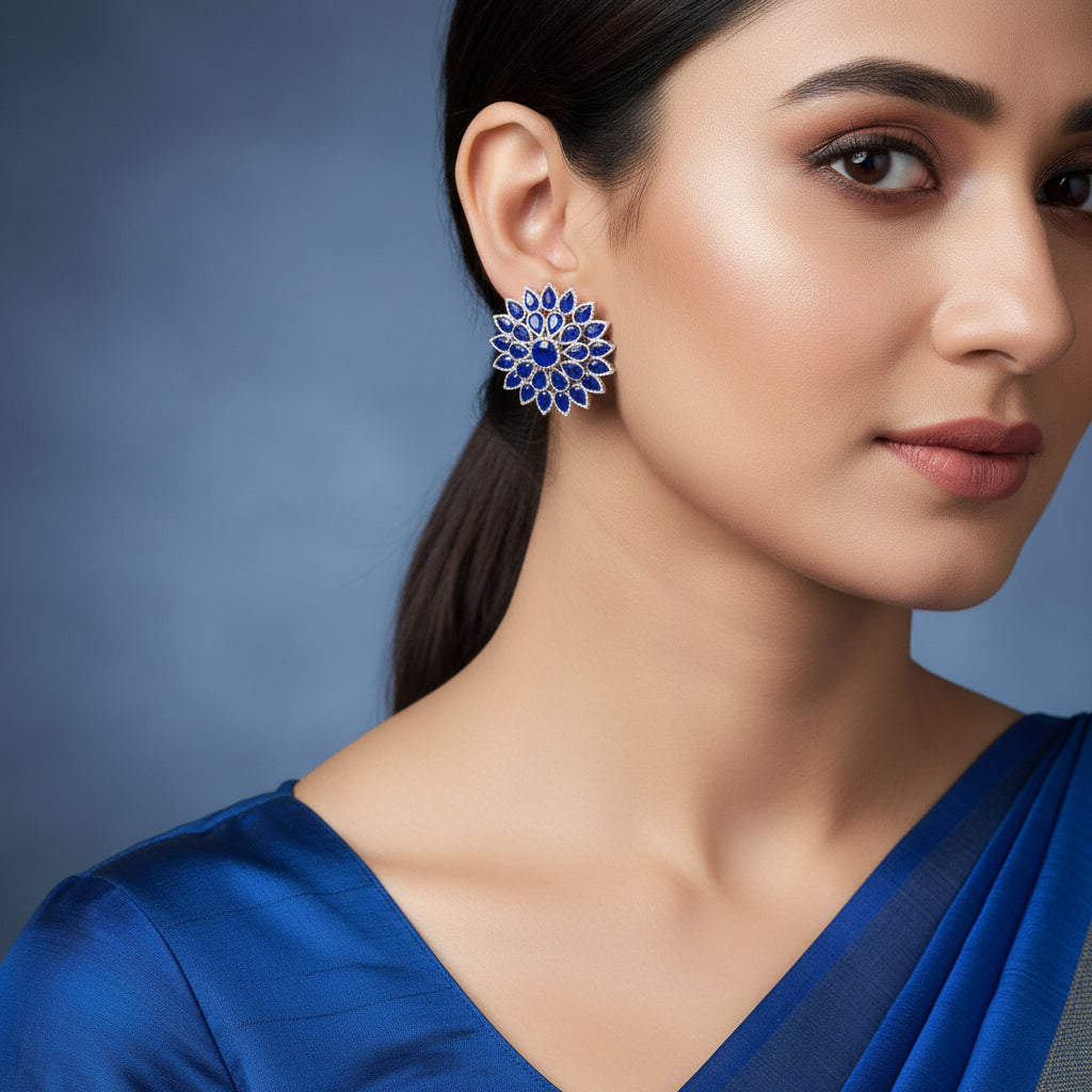 Pair of blue floral earrings on a gray background with 'SAHELI' branding.