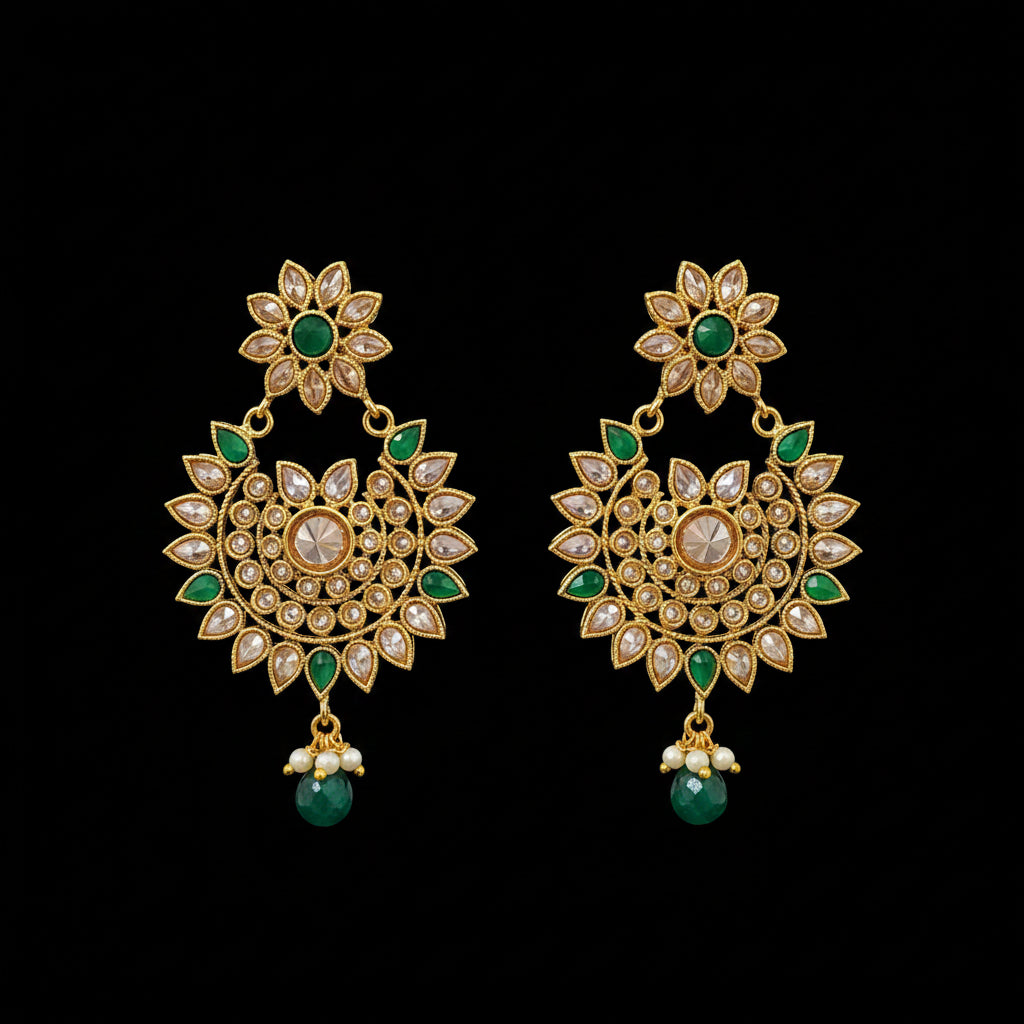 A pair of gold-toned Indian chandelier earrings with green stones and clear crystals, displayed on a black stand against a gray background with the brand name SAHELI MY BEST FRIEND.