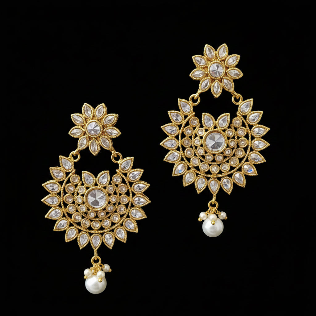 A pair of gold-toned traditional Indian dangle earrings with clear stones and white pearl drops, displayed on a black stand against a gray background with the brand name SAHELI MY BEST FRIEND.