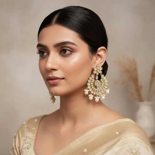 Ornate gold and pearl earrings on a dark background with 'Saheli' branding.