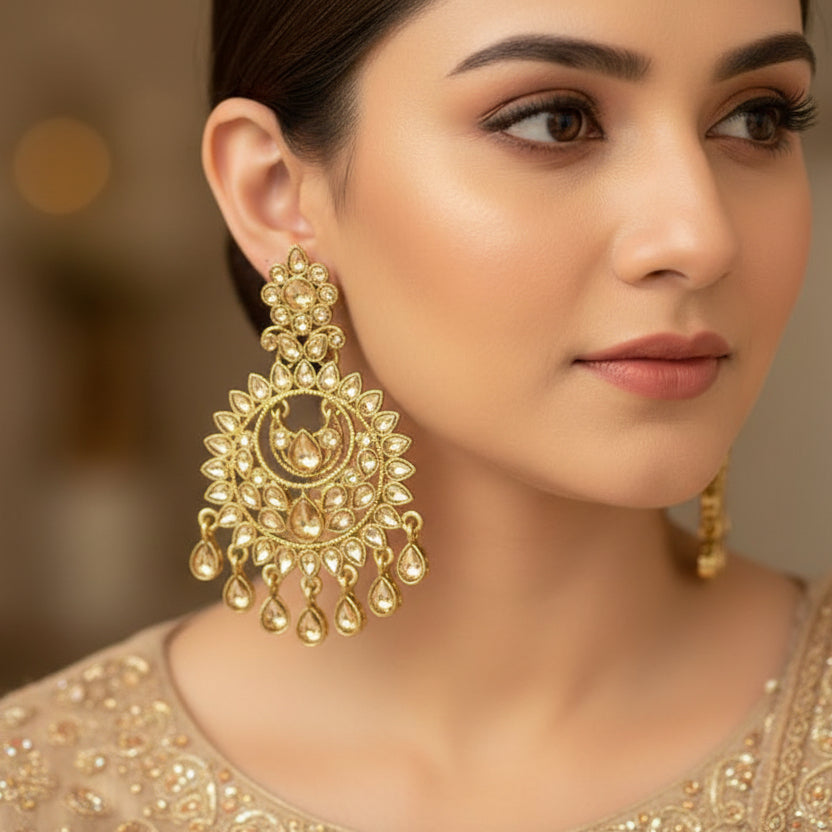 Gold earrings with intricate designs on a dark background, featuring the brand 'Saheli'.