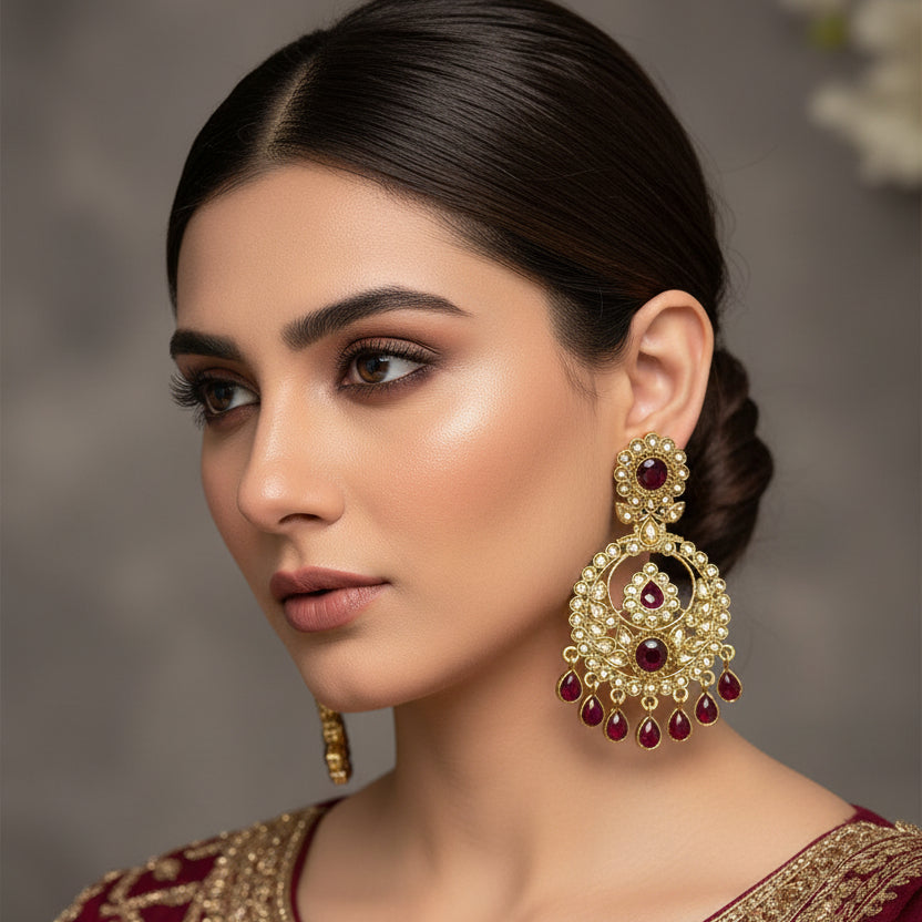 Gold and red gemstone earrings on a dark background with 'Saheli' brand logo.