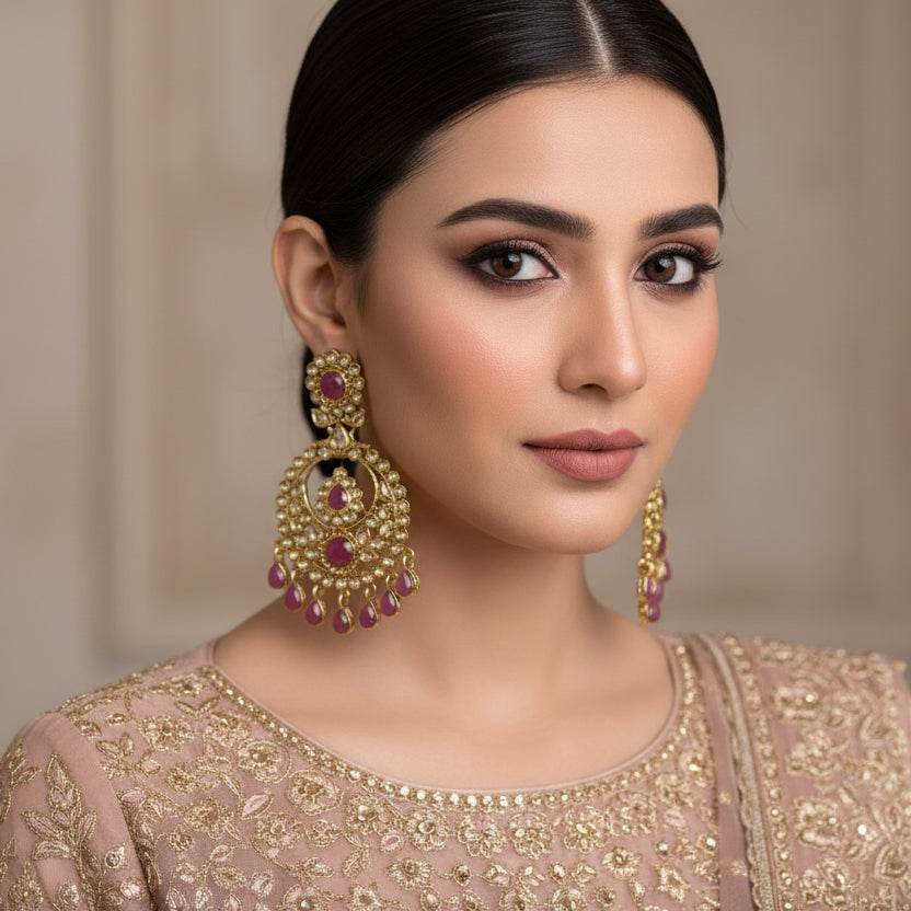 Gold and red earrings with 'Saheli' branding on a dark background