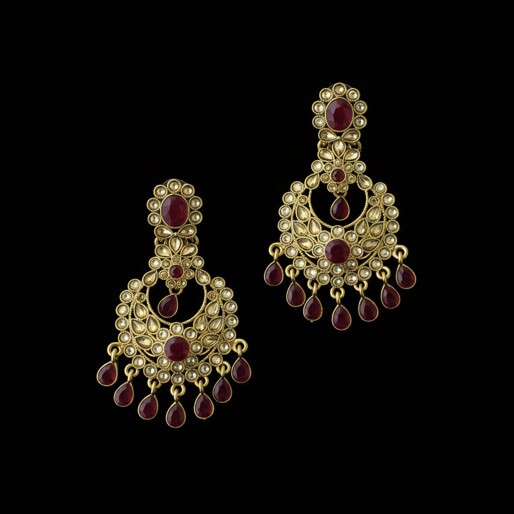 A pair of gold-plated Indian chandelier earrings decorated with round and teardrop-shaped red gemstones and small clear stones, displayed on a dark reflective surface. The brand logo 'SAHeli' is visible in the top left corner.