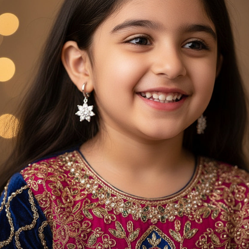 Star-shaped silver earrings on a dark gray background