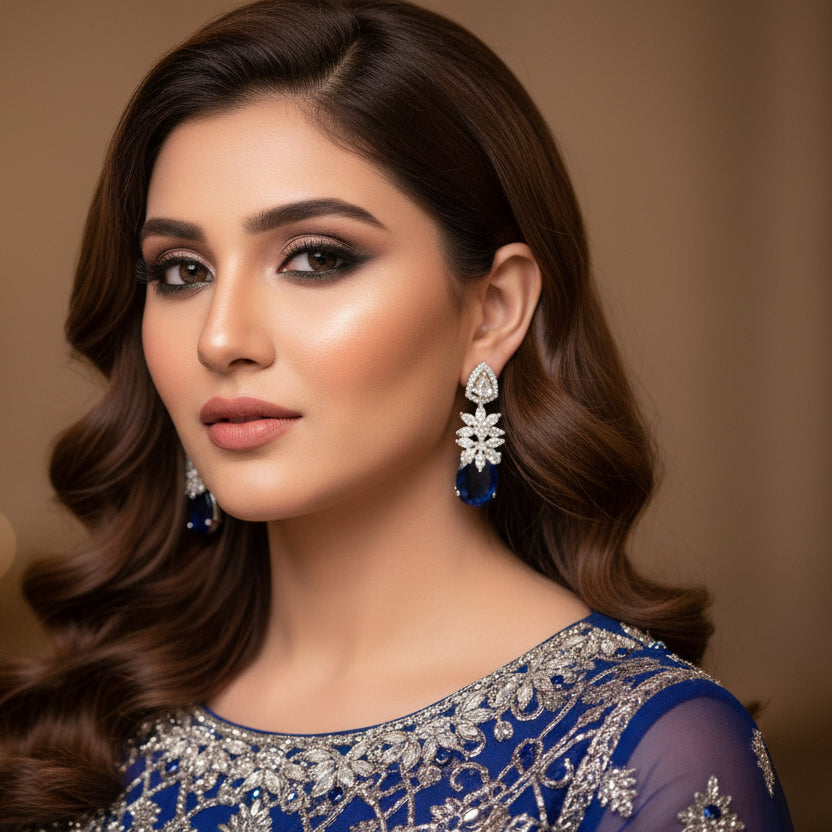 Sapphire and diamond earrings on a gray background with 'Saheli' branding.