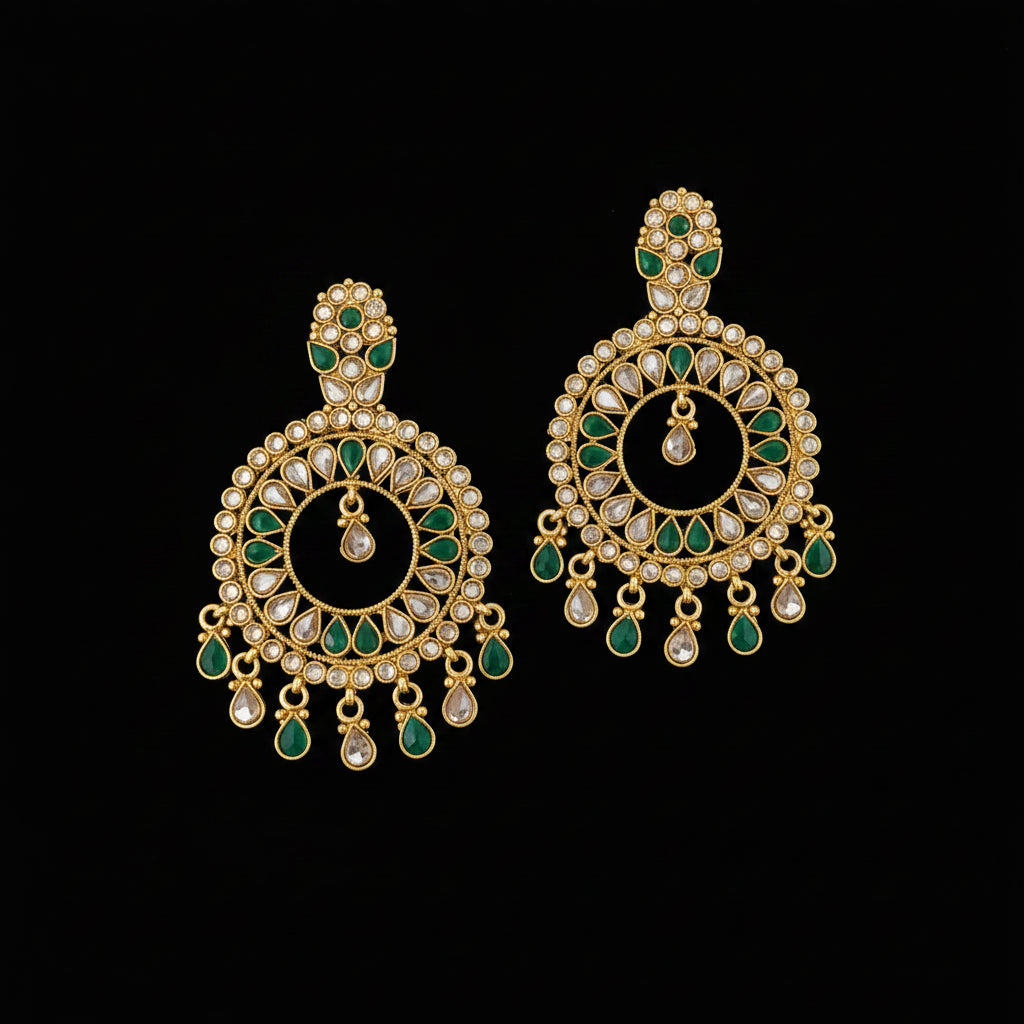 A pair of gold-plated Indian jhumka earrings decorated with green enamel and clear stones, displayed on a dark gray reflective surface with a 'SAHELI MY BEST FRIEND' logo watermark at the top.