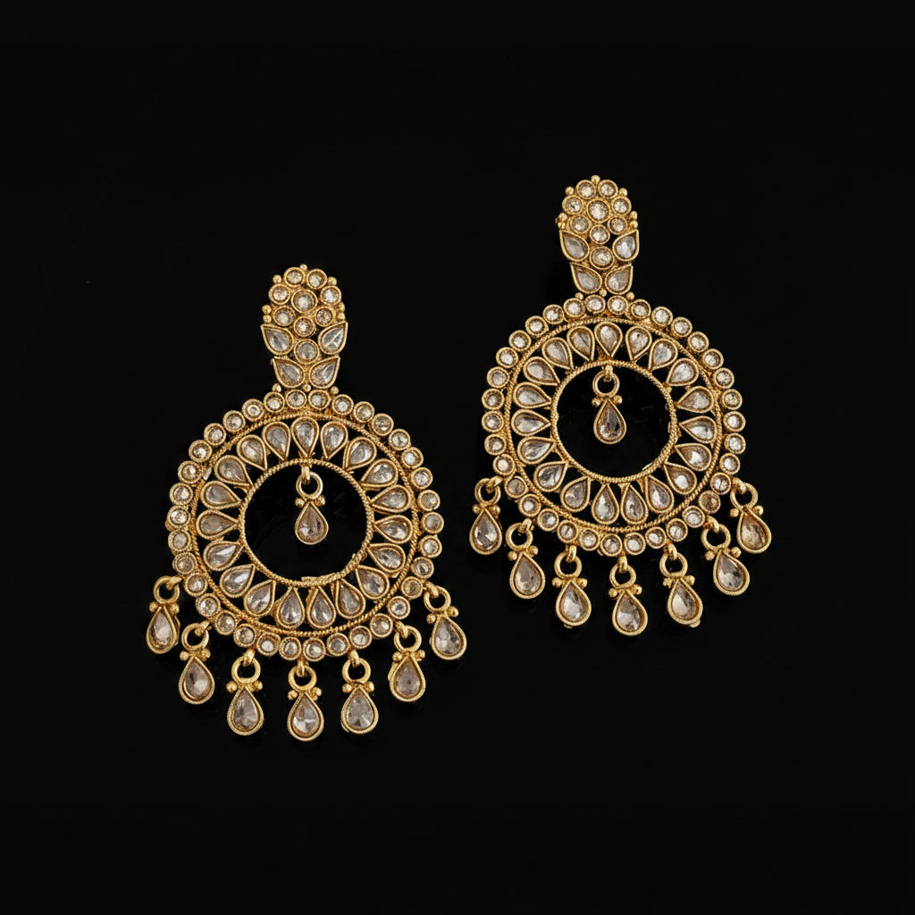 A pair of gold-toned Indian jhumka earrings adorned with clear stones, displayed on a dark reflective surface with a 'SAHeli My Best Friend' watermark at the top.