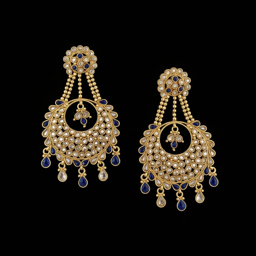 A pair of gold-toned Indian chandbali earrings embellished with clear crystals, blue enamel, and small blue stone drops, displayed on a dark gray reflective surface. The brand logo 'SAHELI MY BEST FRIEND' is visible at the top center.