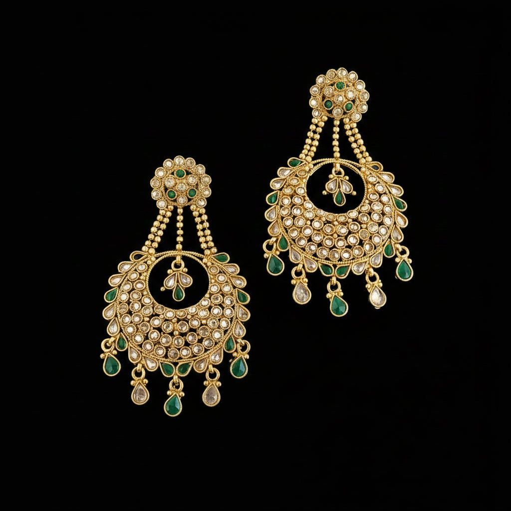 A pair of ornate gold-toned traditional Indian chandelier earrings with green stone accents and clear rhinestones, displayed on a dark gray reflective surface with the brand name 'SAHELI MY BEST FRIEND' at the top.