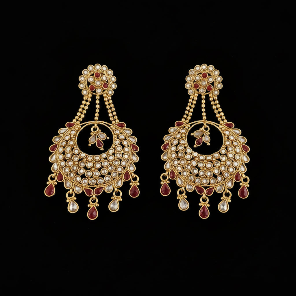 A pair of traditional Indian gold-plated chandelier earrings decorated with red enamel and clear stones, displayed on a dark reflective surface with the Saheli Jewellery brand logo visible in the background.