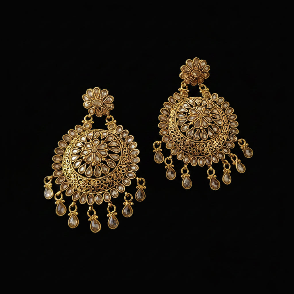 A pair of ornate gold-toned Indian jhumka earrings with intricate filigree work, floral motifs, and dangling teardrop charms, displayed on a dark gray reflective surface with the brand name 'SAHELI' visible at the top.
